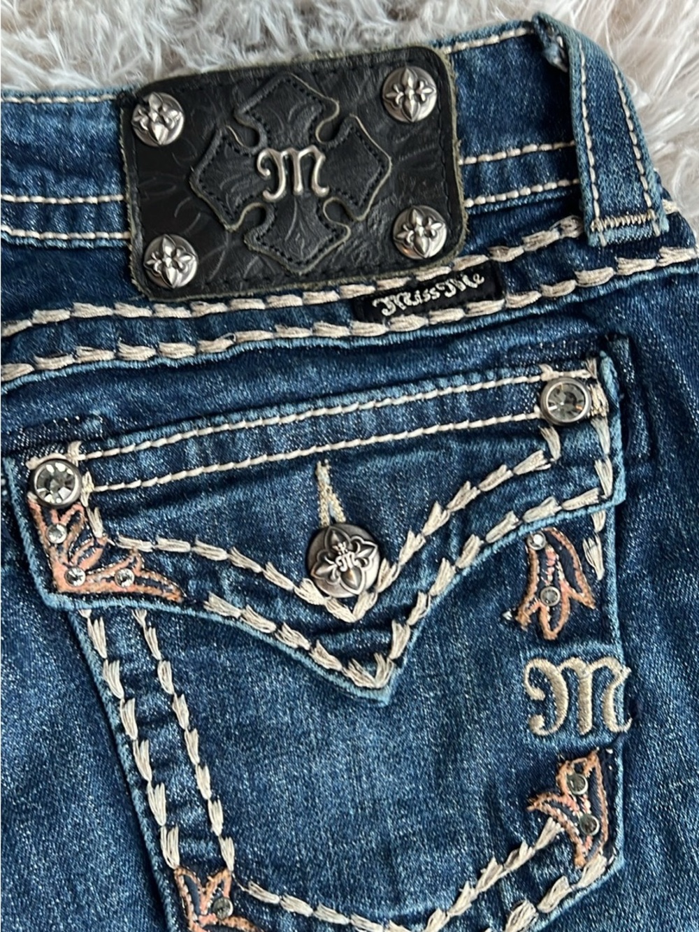 Miss Me Blue Embroidered Boot Cut Jeans with Metal Accents